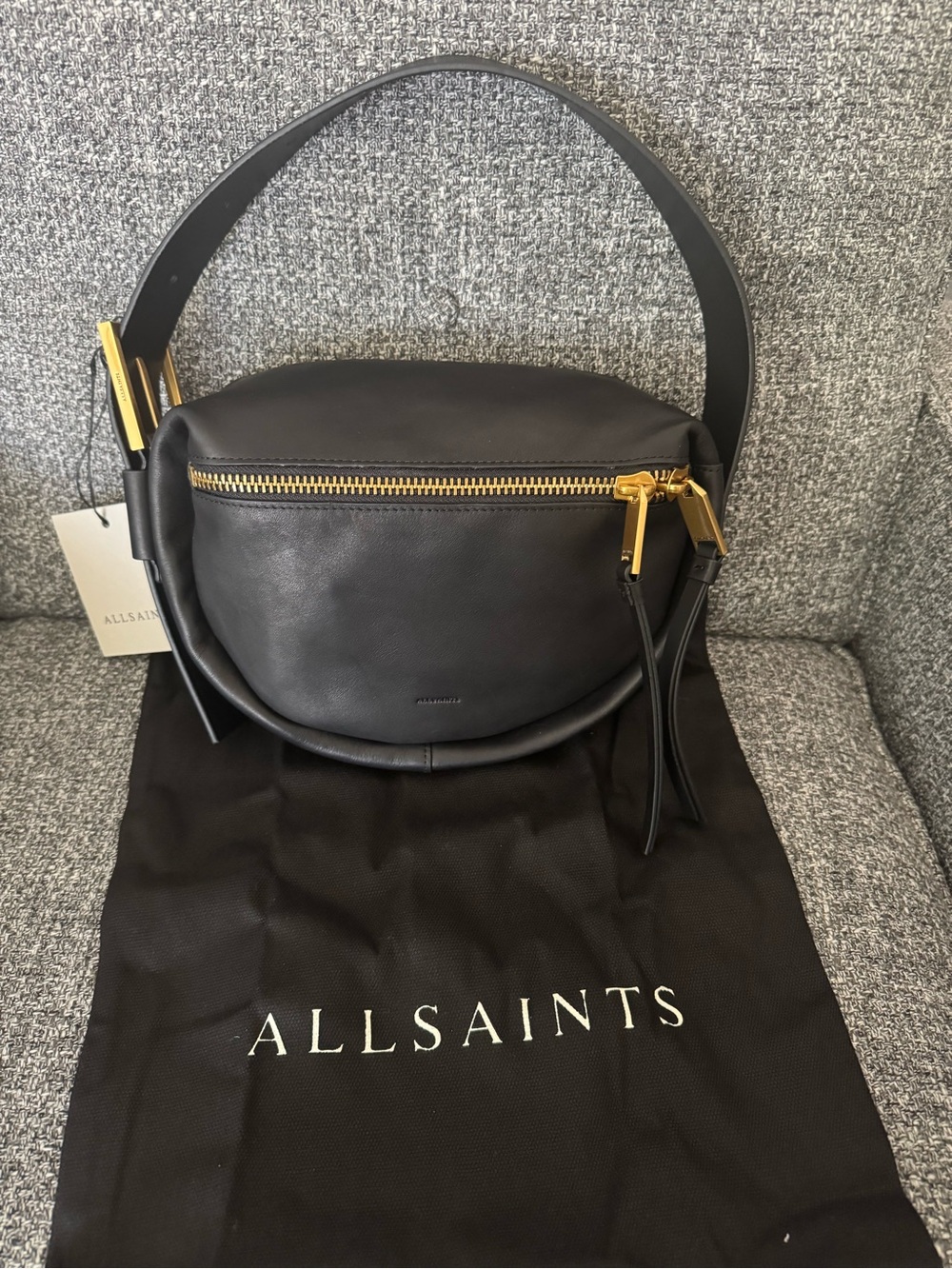 All Saints Black Leather Shoulder Bag with Gold Hardware